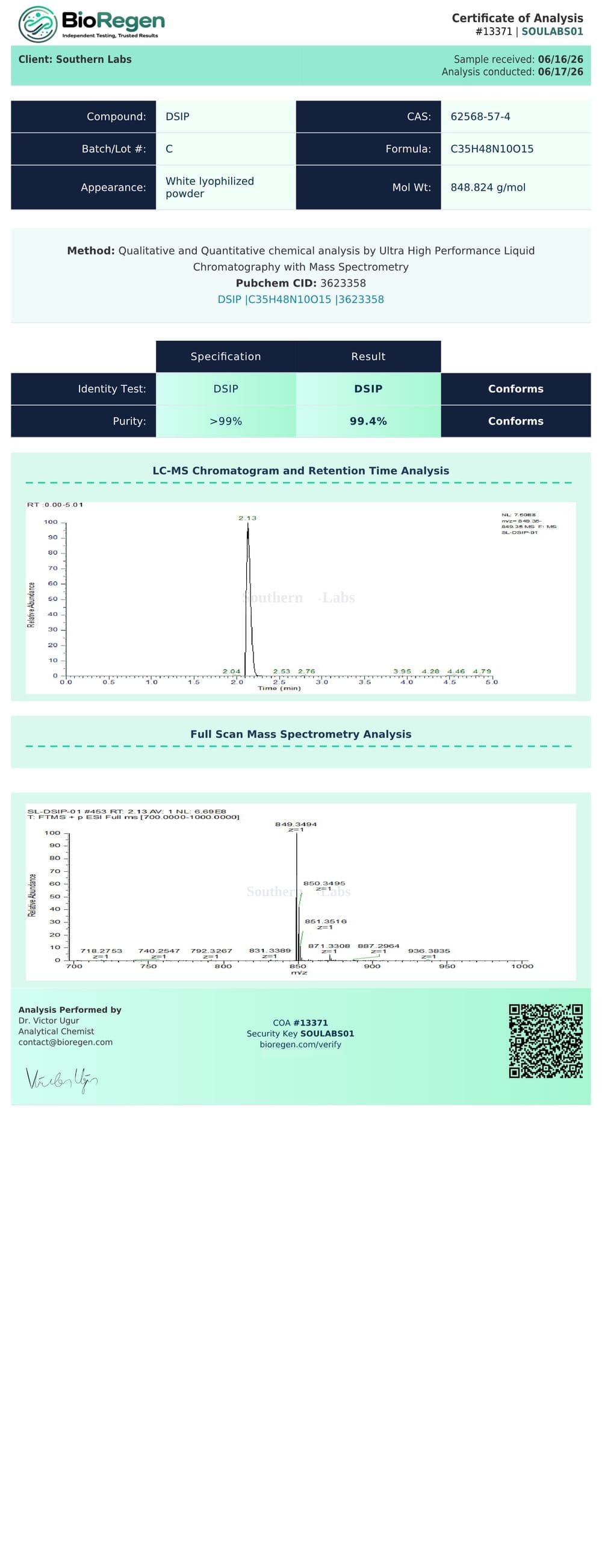DSIP certificate of analysis