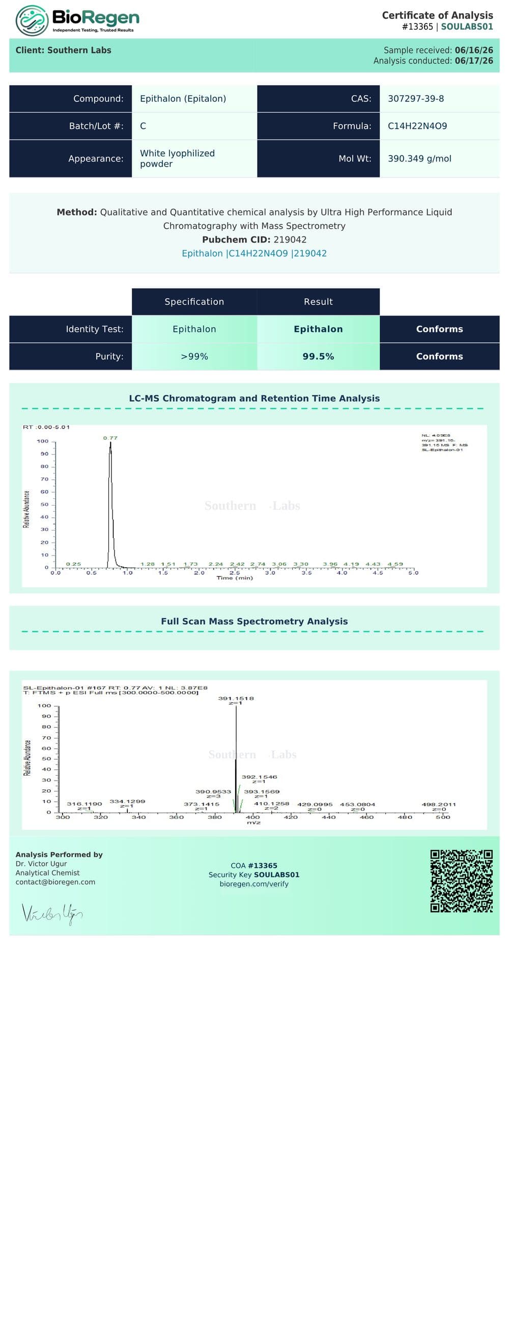 Epitalon certificate of analysis