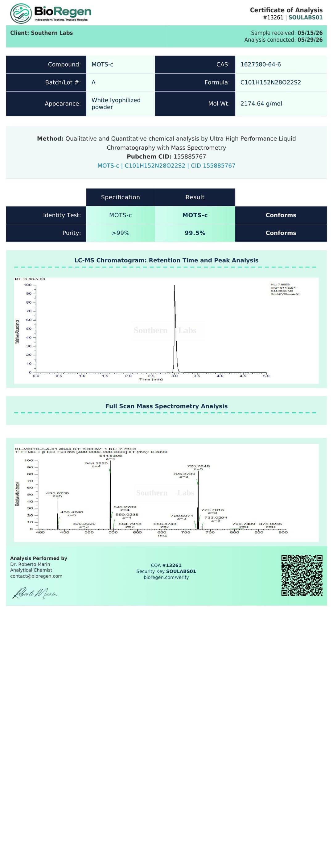 MOTS-c certificate of analysis