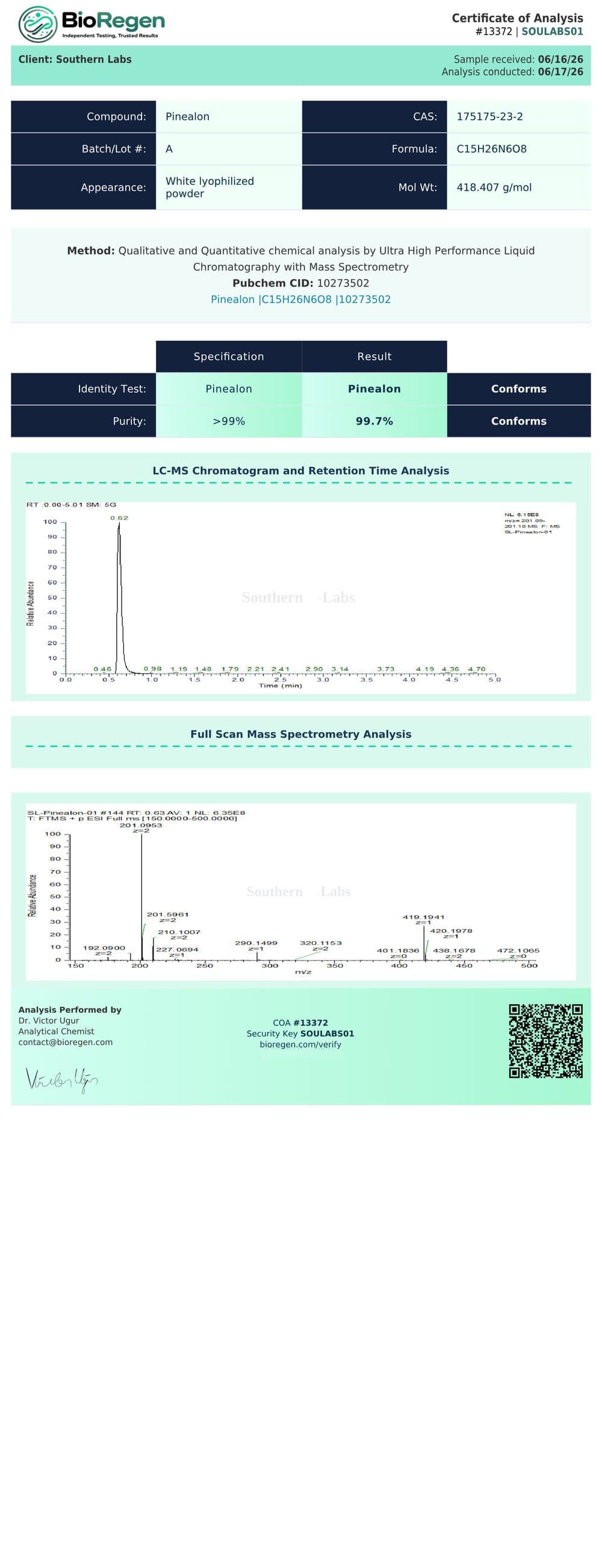 Pinealon certificate of analysis