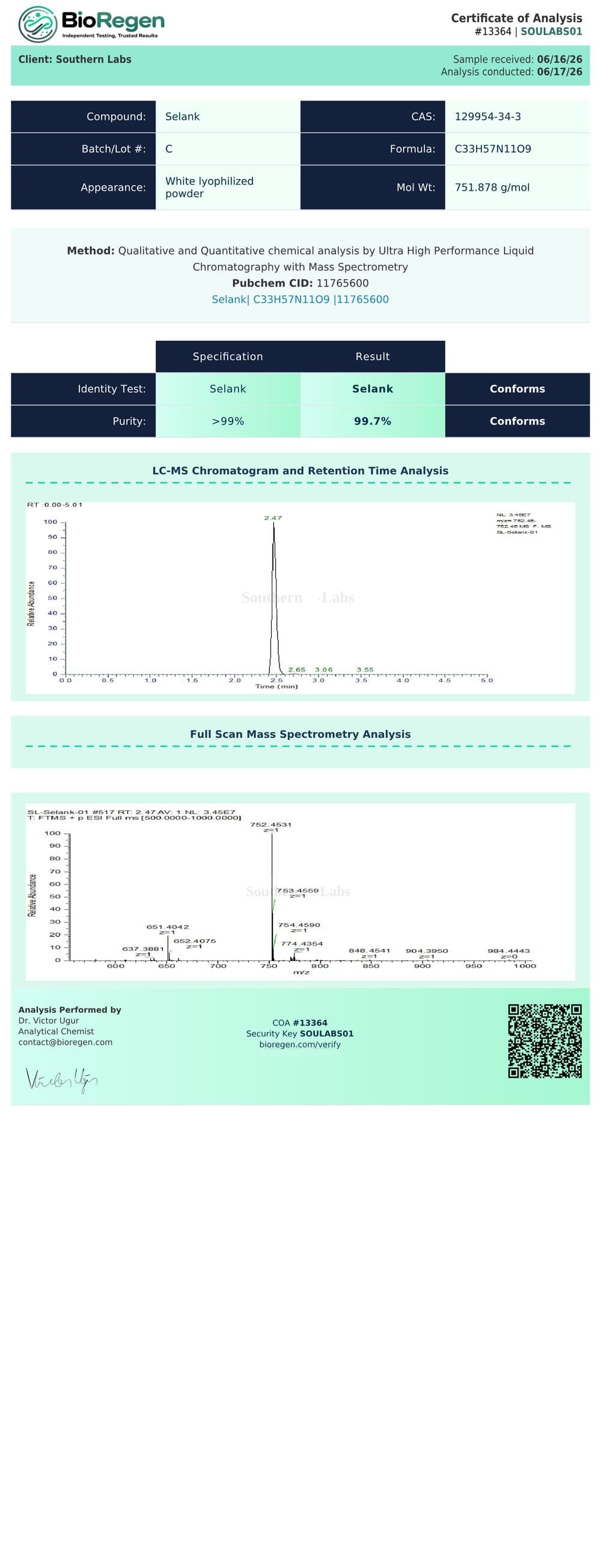 Selank certificate of analysis