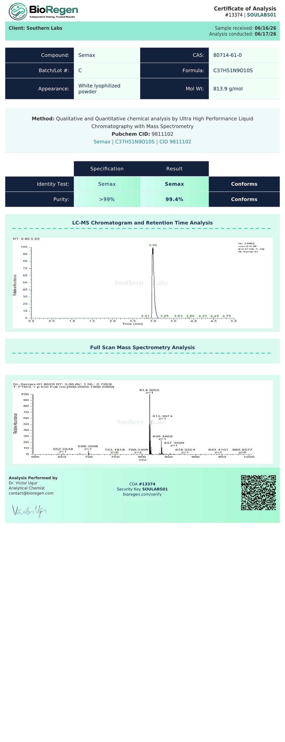 Semax certificate of analysis