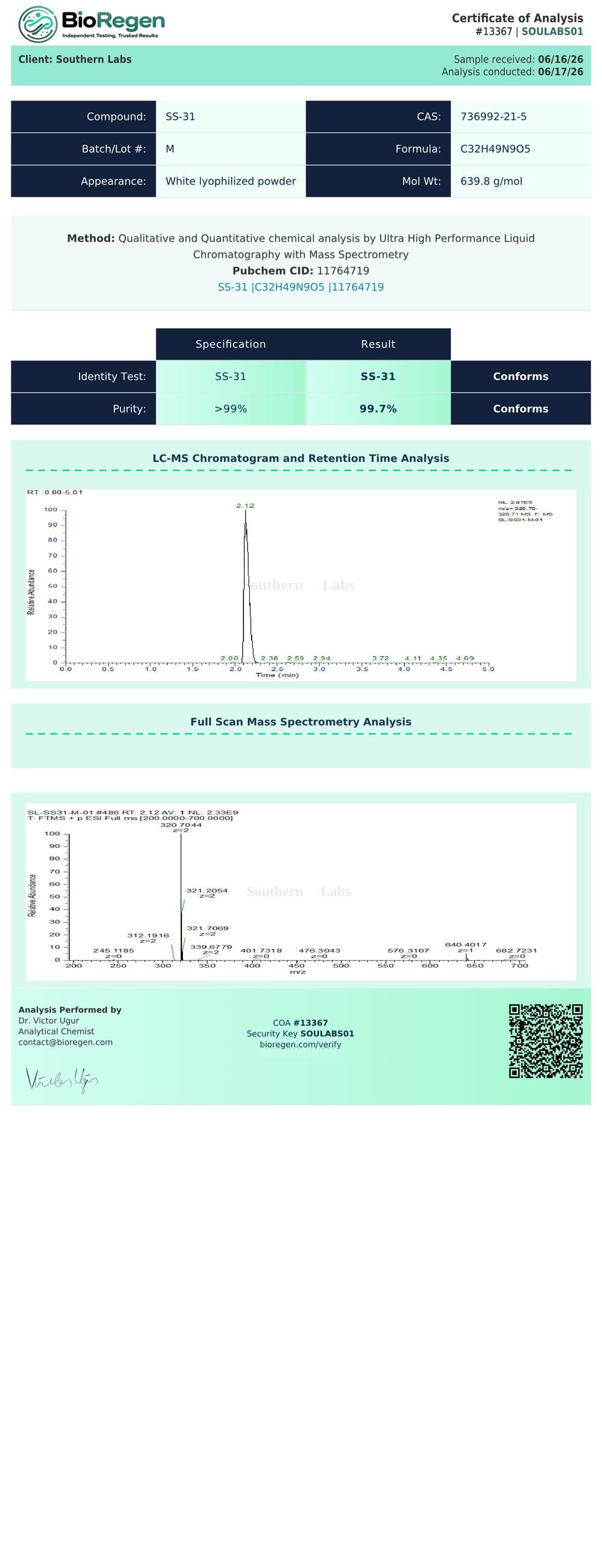 SS-31 certificate of analysis