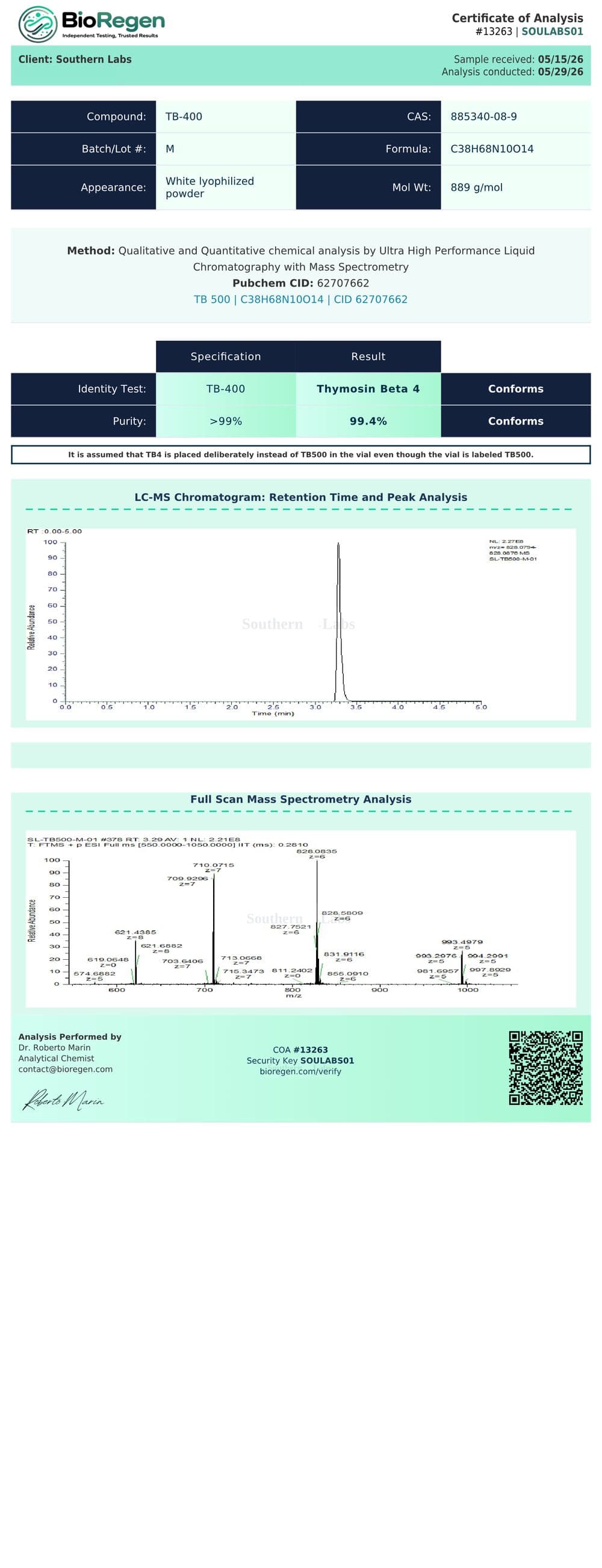 Thymosin Beta-4 certificate of analysis