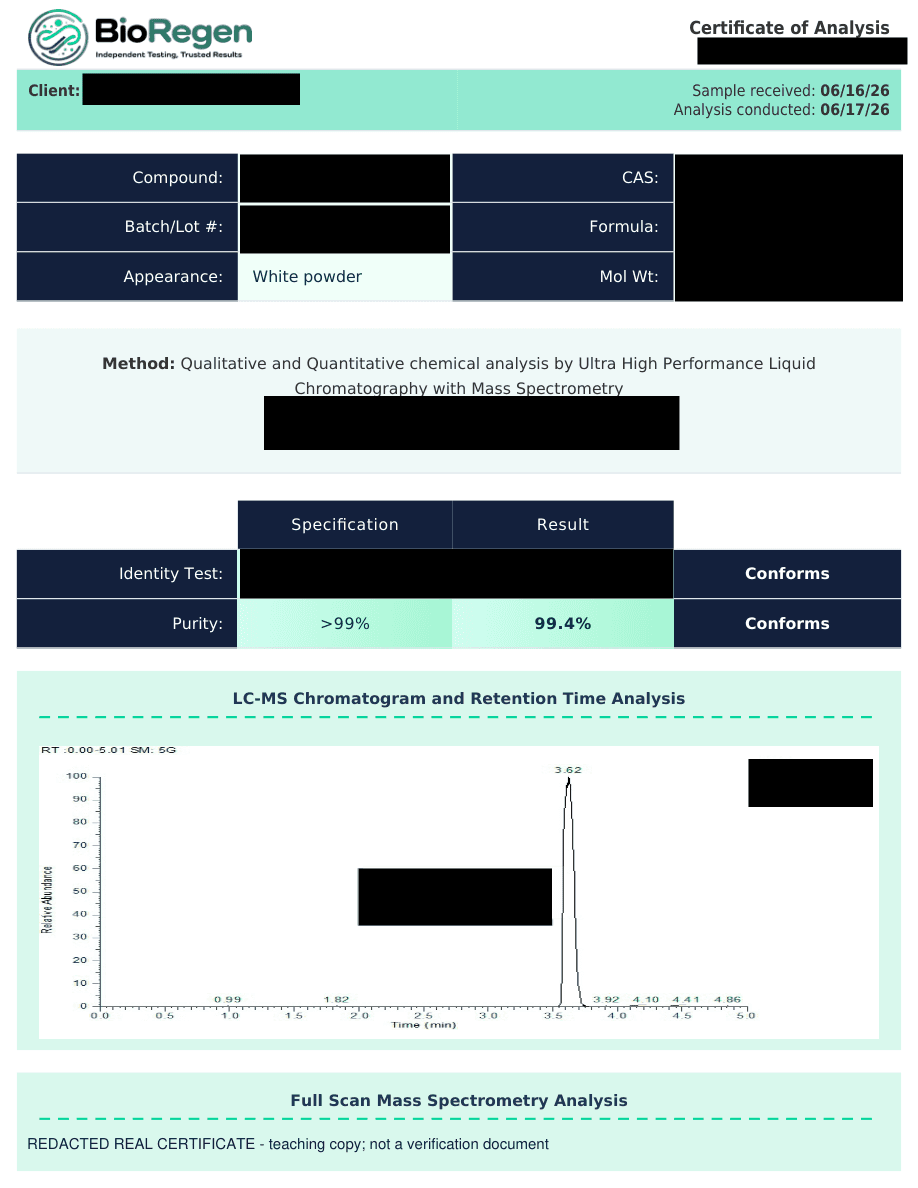Redacted first page of a real certificate, showing date fields, sample-description labels, the stated method, specification and result columns, and a chromatogram. Identifiers are blacked out.
